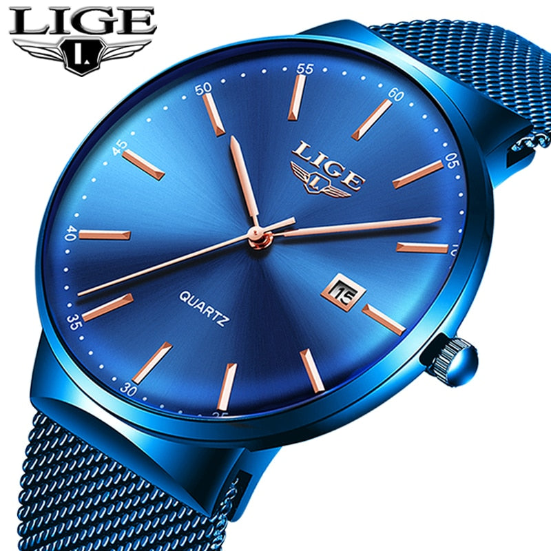 LIGE Fashion Top Luxury Brand Men Full Stainless Steel Mesh Strap Business Watches Mens Quartz Clock Men Watch Relogio Masculino