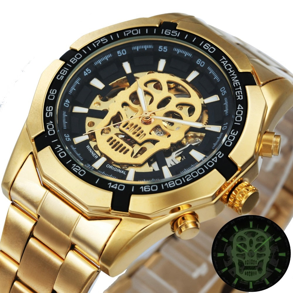 WINNER Classic Golden Skeleton Mechanical Watch Men Stainless Steel Strap Watches Top Brand Luxury Vip Drop Shipping Wholesale